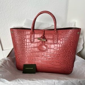 RARE Longchamp Roseau Crocodile Pink/ Gold Tote Purse Bag Trimmed with Cowhide